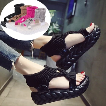 נשים קיץ סנדלי גלדיאטור שטוחים צמר נעליים עבה תחתית סריגה סנדלים מוצק בנות פלטפורמה Sandalias פאטוס Mujer