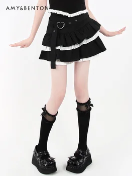 תעשייה כבדה נפוח עוגה חצאית שחורה קו החדרת תחרה קיץ חדש מתוק מגניב קפלים החצאית יפנית לוליטה הילדה חצאית קצרה