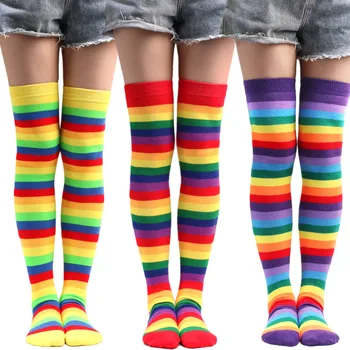 3pairs/גבוה-כותנה באיכות גבוהה צינור ארוך, גרביים מעל הברך, גרביים לנשים עם פסים צבעוניים עיצוב גרביים של נשים