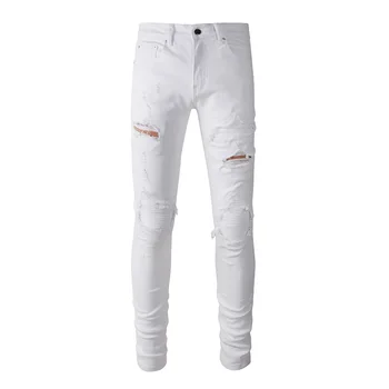 גברים ג 'ינס לבן מכנסיים רחוב אופנה סקיני קרע באיכות גבוהה סלים ג 'ינס ג' ינס