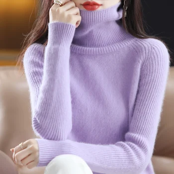 בגדי נשים סתיו חורף חמה חדשה Top 100% מינק קשמיר הנשי גבוה הצוואר סוודר Slim Fit אופנה קוריאנית סלים ג ' קט
