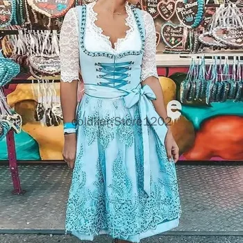2023 הגברת החדשה בוואריה נשים מעוצבים צוואר מרובע מותן רצועת תחרה Midi שמלה אוקטוברפסט מסיבת תחפושות קוספליי