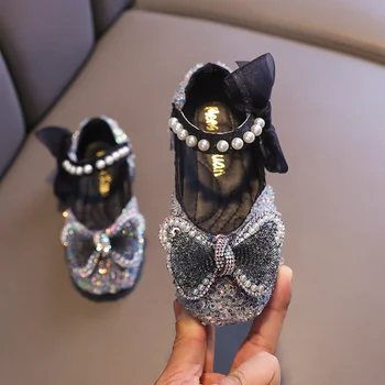 2023 בנות פאייטים קשת נעלי עור האביב ילדים ריינסטון פרל הנסיכה נעליים שטוחות נעלי פעוט תלמיד ילדים לרקוד.