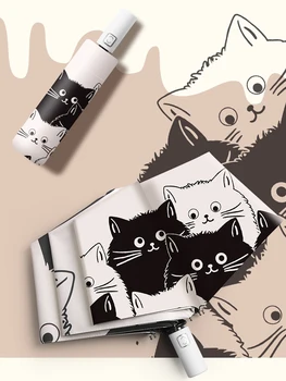 מטריה אוטומטית קרם הגנה ציפוי שחור חתול חמוד שלוש-קיפול מטריה ראי מטריה