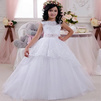 חרוזים פרח ילדה שמלות חתונה אופנתי בתחרות שמלה ללא שרוולים תחרה, אפליקציות קודש שמלות ילדה