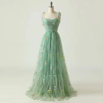 Bomaris ירוק רצועות ערב מסיבת שמלות ארוכות Vestidos דה לפסטה אופנה מתוקה תחרה באורך רצפת רשמית נשף שמלה חמה