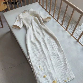השנה פופולרי שיפור Cheongsam הסינית החדשה האור הלאומי סגנון גינקו עלה רקמה Off לבן שמלת לילדים