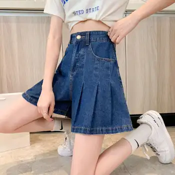 אופנה קוריאנית רחב הרגל כחול ג 'ינס מכנסיים קצרים לנשים סיבתי גבוהה המותניים קו חם מכנסיים עם כיסים וינטג' חופשי מכנסי ג ' ינס קצרים