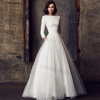 לינדו NOIVA 2023 אלגנטי שמלות כלה לנשים לבן פשוט קו A-O-צוואר בציר שמלת כלה עם כיס רכבת לטאטא Mariee