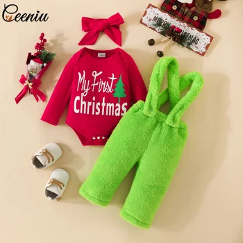 Ceeniu הראשון שלי חג המולד תלבושות עבור בנות מכתב בגד גוף+ירוק קטיפה סרבל היילוד השנה תחפושת תינוק בגדי חג המולד