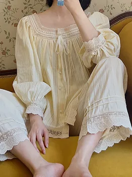 צרפתי מתוק בנות לישון לובש עבור נשים כותנה משובח שתי חתיכה להגדיר אביב סתיו ארוך שרוול תחרה הנסיכה ויקטוריאני פיג ' מה