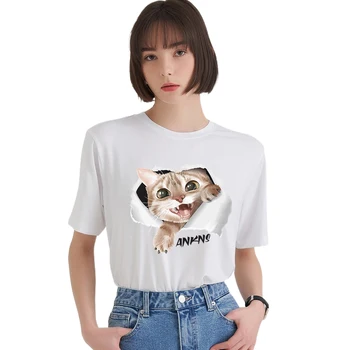220g באיכות גבוהה כותנה כועס חתול חמוד גרפי הדפסת חולצות עבור גברים, נשים, אופנה הקיץ עם שרוולים קצרים חולצת טי למעלה