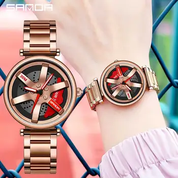 נשים האופנה שעונים פנאי ספורט גלגל רכב רכזת עמיד למים שעון 360 סיבוב חיוג נירוסטה ליידי רוז זהב קוורץ שעון היד