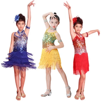 ילדים מקצועי לטיני בגדים בנות לטיניים, ריקודים סלוניים השמלה ילדים ציציות Dancewear תחפושות שמלה