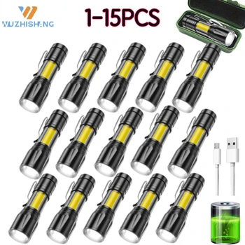 1-15PCS XPE+COB LED פנס עם USB לטעינה Q5 זום פוקוס מיני לפיד נייד כוח בנק לפיד מנורה עמיד למים חיצוני