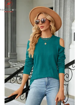 אופנה נשים צבע מוצק אקארד חולצות חלול החוצה עיצוב O-צוואר שרוול ארוך סתיו קליל משוחרר Pullovers העליון