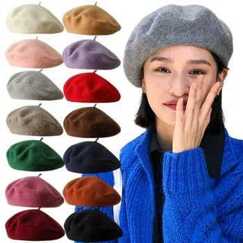 חורף נשים כומתות צמר צרפתי אמן בסגנון חמים כובע כפת רטרו פשוטה כומתה מוצק צבע אלגנטי הגברת כולם מתאימים סתיו כמוסות