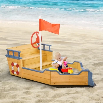 ילדים מעץ ארגז חול ספינת פיראטים Sandboat w/ המושב ספסל אחסון Ceder עץ חיצונית בחצר גינות