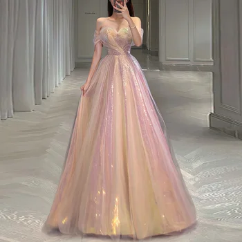 תכשיט ורוד מתוק אלגנטי שמלות ערב 2023 הקיץ הסירה הצוואר מותניים צרים רשת עיצוב בשכבות הנשף Vestidos שמלת מסיבת החתונה