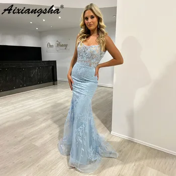 Aixiangsha אור כחול עלה תחרה רקום המחוך בתולת ים שמלת נשף שמלת צד שמלות ערב 2023 מותאם אישית עבור נשים