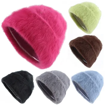 הסתיו בחורף ארנב פרווה סרוג כובע אופנה נשים Thcken חם כובעים נשי רך Skullies קאפ עבור זוג