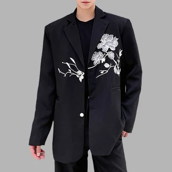 בסגנון סיני רקמה גברים בלייזרס דש שרוול ארוך כפתור מזדמן חליפות מעילים סתיו אופנה אופנת רחוב צדדי הלבשה עליונה