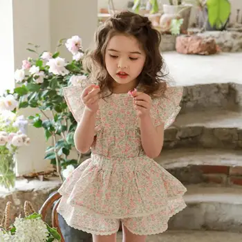 סגנון קוריאני ילדים בנות פרחוני חולצות כותנה, תחרה קפלים כותרת שרוול רופף לנשימה תינוקות ילדים ילדות לוליטה החולצה