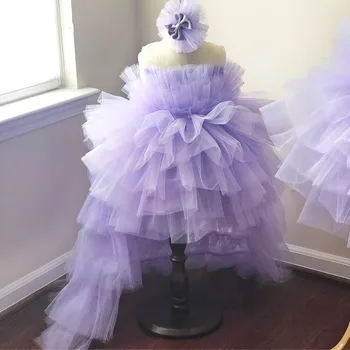 סגול פרח ילדה שמלות רכות טול מדורגים טקס יום ההולדת אפליקציה הנסיכה שמלת הראשונות קודש שמלות קודש