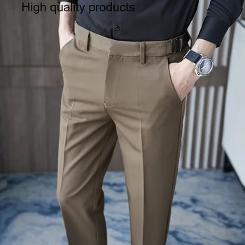 2023 עסקים פורמלית ללבוש חליפת מכנסיים לגברים, ביגוד אופנה אלסטי המותניים רזה מזדמנים במשרד מכנסיים באורך קרסול 28-36