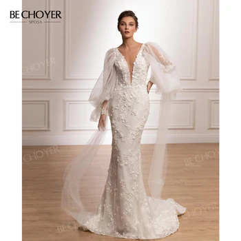 שמלת V-צוואר בתולת ים אפליקציות רומנטי פאף שרוול שמלת הכלה 2023 רכבת משפט הנסיכה BECHOYER RY96 Vestido de Noiva