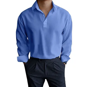 גברים האביב והסתיו כפתור צוואר עגול מוצק צבע חולצה שרוול ארוך העליון קרקעיות כפתור החולצה slim fit