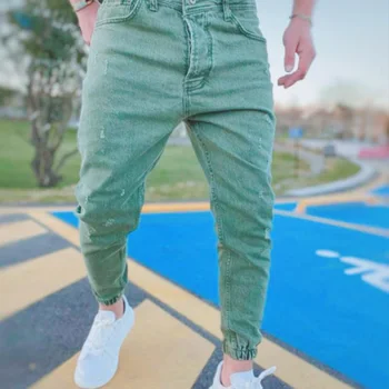 2023 סתיו Slim Fit ג 'ינס של גברים טהורות צבע מזדמנים אלסטי המותניים ג' ינס קרן הרגל המכנסיים אופנת רחוב אצן מכנסי ג ' ינס הגברי.