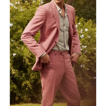 אופנה פשתן חליפות גברים Slim Fit באיכות גבוהה דש אחת עם חזה קט עם מכנסיים רשמי מזדמנים החתן החתונה טוקסידו