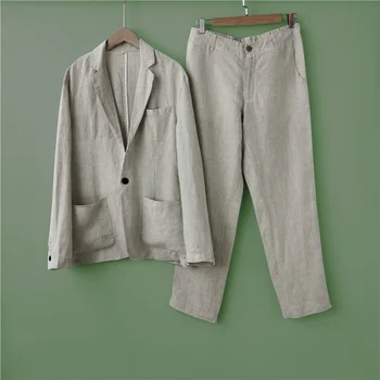חליפת פשתן להגדיר Mens אביב קיץ סתיו מקרית בלייזר כותנה רופף פשתן שתי חתיכה להגדיר סגנון רזה הז ' קט העליון, מכנסיים מכנסיים
