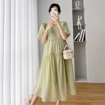 קוריאני שיפון שמלות הריון בגדי קיץ לנשים בהריון מקרית מוצק O-צוואר פאף שרוול אלגנטי הריון Vestidos