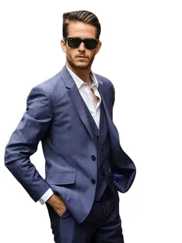 אופנה מחורצים דש אור כחול בלייזר גברים מכנסיים שמלת ערב לובשים חליפות עסקים 3Pcs ' קט+מכנסיים+אפוד+עניבה