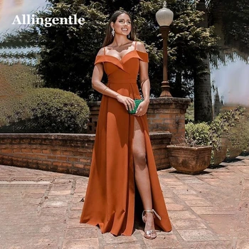 Allingentle מחוץ כתף כתום שמלת ערב 2023-ספגטי, רצועות אלגנטי קו סאטן באורך רצפת плаття הא випускний