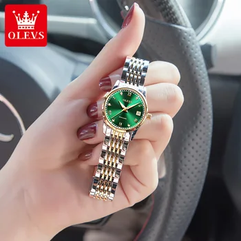 OLEVS אופנה ירוק מכאני Watch עבור נשים נירוסטה עמיד למים זוהר לוח שנה יוקרה אוטומטית שעונים נשים