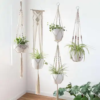 מקרמה צמח קולבים - 4 Pack, עיצובים שונים - עבודת יד מקורה קיר עציץ צמח בעל - מודרני בו
