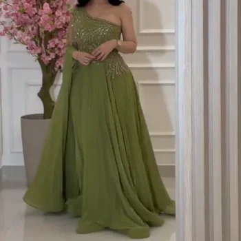 נשים אלגנטי כתף אחת תחרה שרוולים ארוכים אורך רצפת פאייטים רוכסן ירוק Fomal ערב שמלת נשף שמלת חדש 2023