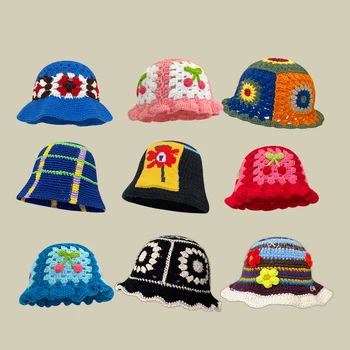 2023 פרח סרוג כובע דלי נשים לאביב קיץ בעבודת יד לסרוג כובעים ההגירה קוריאנים חמודים כובעים כובע פנמה