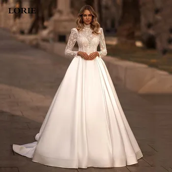 LORIE Mulslim שרוול ארוך שמלות חתונה קו צוואר גבוה תחרה שמלת כלה אלגנטית אורך רצפת החתונה הכלה שמלות 2023