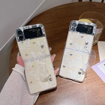מחשב צבוע יהלומים פרפר Case for Samsung Galaxy Z Flip 3 4 5 גרם Flip4 Flip3 כף יד צמיד קוריאנית הגנה ברור כיסוי