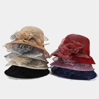 הקיץ של נשים אלגנטי אורגנזה פרח כובע דלי נופש סאן-הוכחה מגניב דלי כובע שמלה הכובע