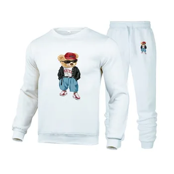 דוב מודפס אימונית Mens 2 חתיכת קבוצה mens תלבושות סתיו חורף סווטשרט, מכנסיים סוודר חולצות מזדמנים אופנת רחוב