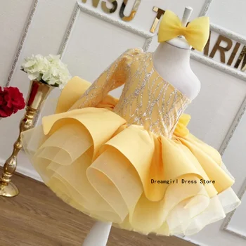 Dreamgirl כתף אחת פרח שמלת ילדה שמלות אכילת לחם הקודש, שמלות יום הולדת שרוול ארוך שמלה עבור ילדים ילדה שמלת מסיבת