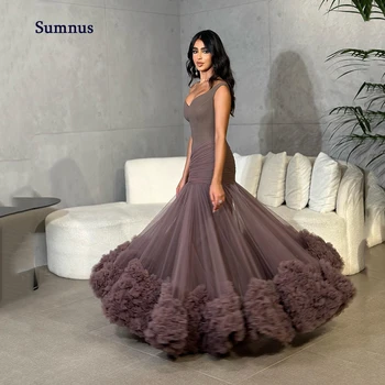 Sumnus מודרני טול בתולת ים שמלות לנשף V-צוואר ספגטי שמלת ערב הסעודית צד שמלות ארוכות סגנון הנשף