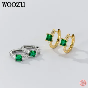 WOOZU אמיתי 925 כסף סטרלינג אופנה יוקרה ירוק זירקון חיבוקי עגילי חישוק לנשים חופשת הקיץ שיק האוזן אבזמי תכשיטים