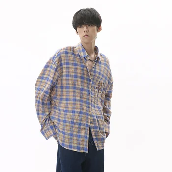 SYUHGFA הגברים הקיץ החדשים חולצות מקרית קוריאני סגנון חופשי פסים משובצת שרוול ארוך חולצות 2023 האופנה הגברי תכליתי בגדים