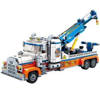 העיר הכביש חילוץ משאית טריילר בלוק DIY Moc התנועה הרכב בניין לבנים צעצוע עבור הילד ילדים